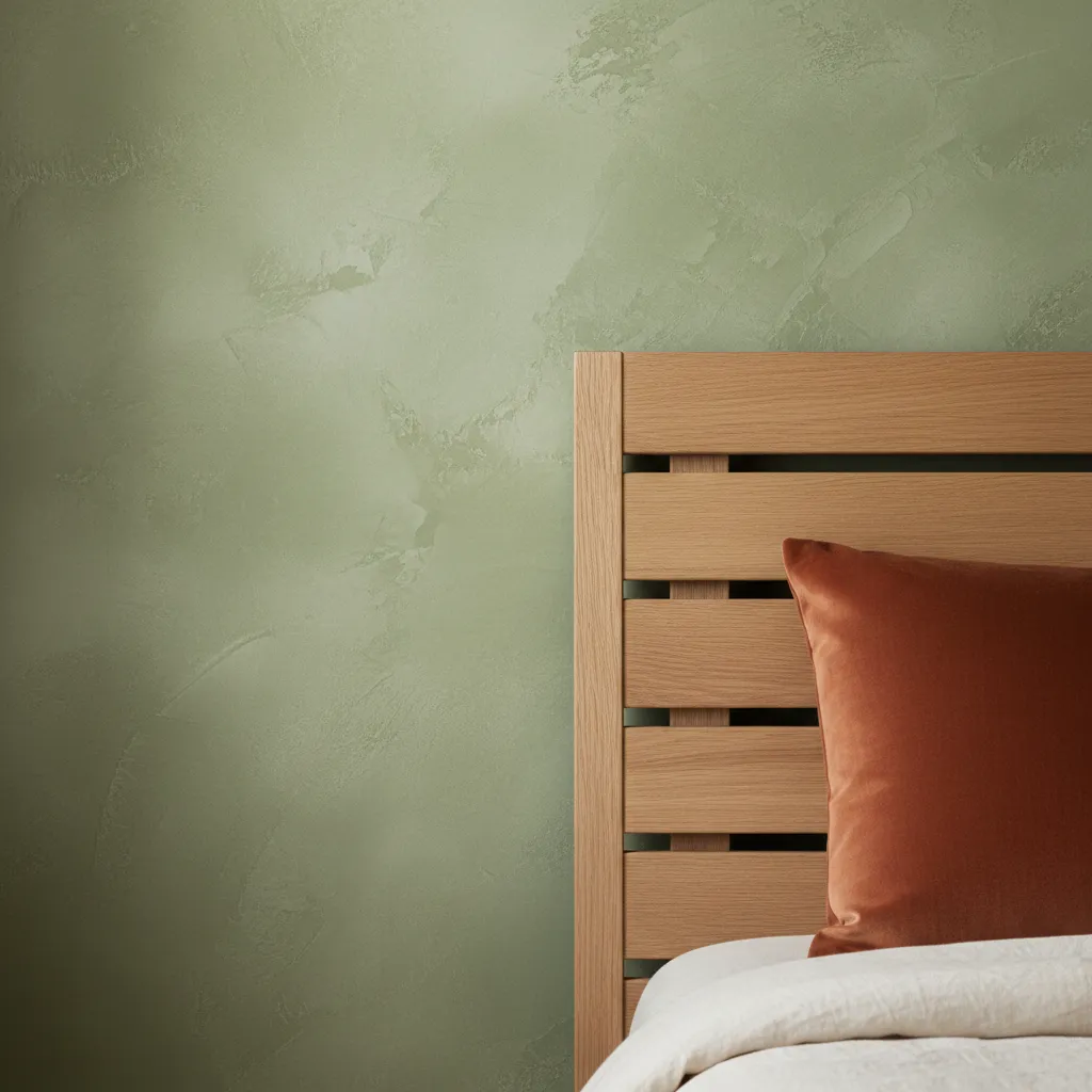 Sage Green Limewash Accent Wall Close up of a textured sage green limewash wall with a terracotta velvet pillow.