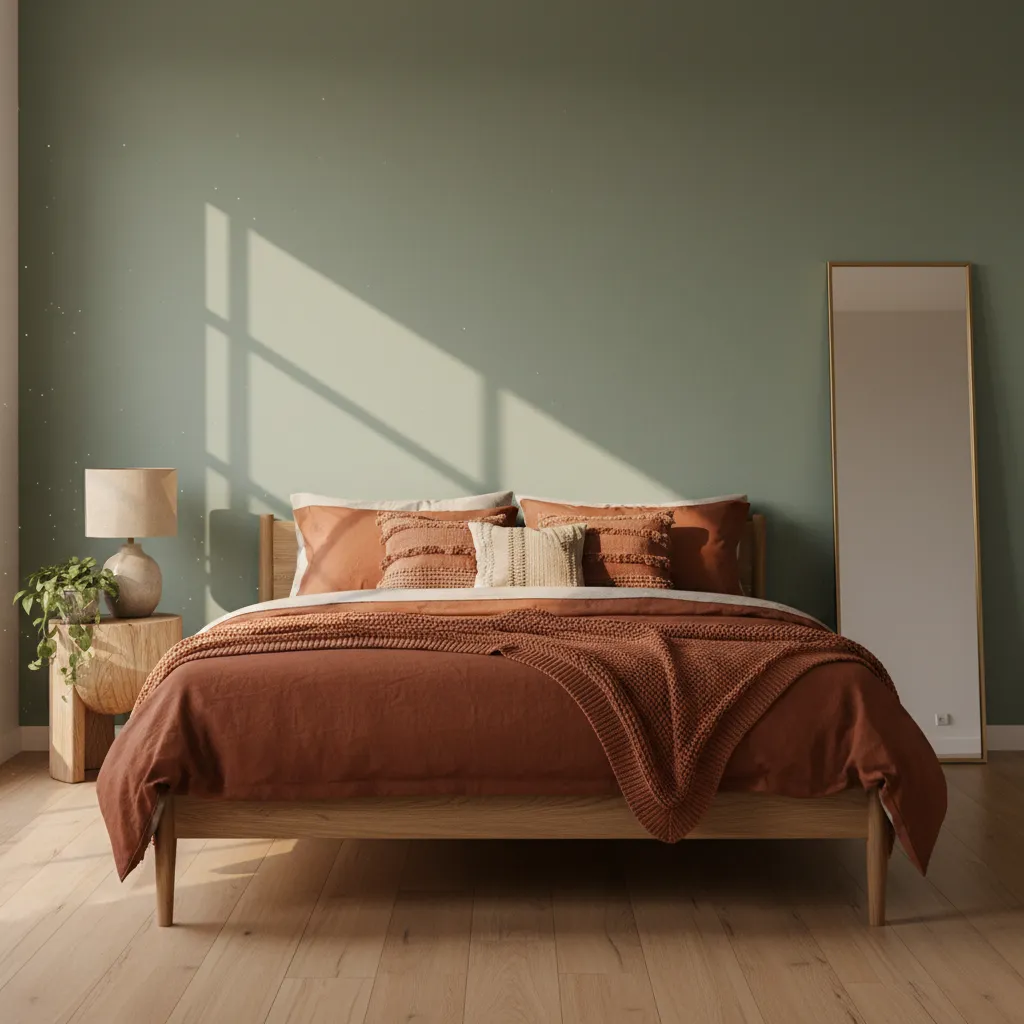 Sage Green Wall Terracotta Bedding A serene bedroom featuring a matte sage green accent wall with terracotta linen bedding.