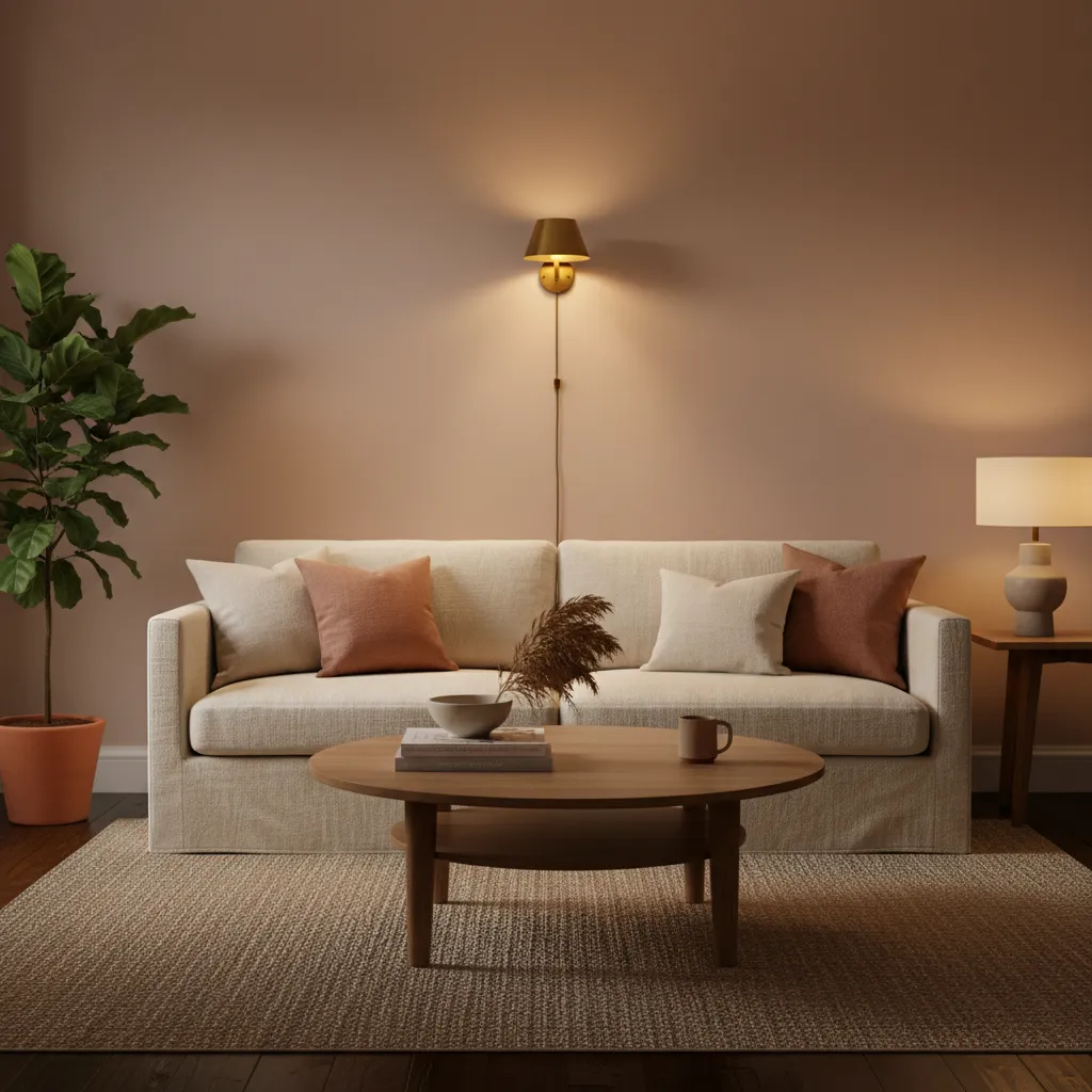 A cozy living room featuring warm blush walls with a soft satin sheen reflecting ambient light from a brass sconce.