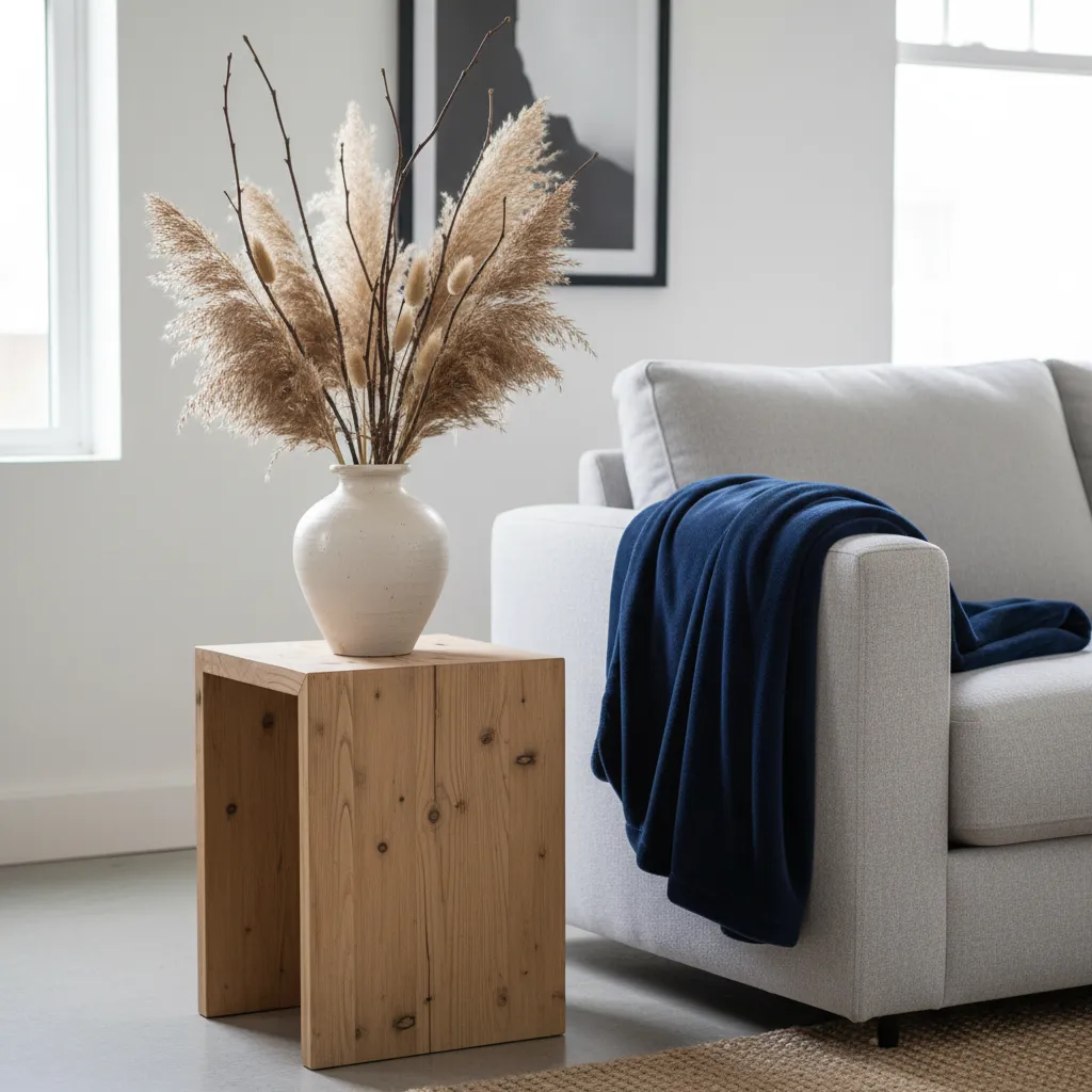 Close up of a wooden side table with a ceramic vase and folded velvet throw blanket.