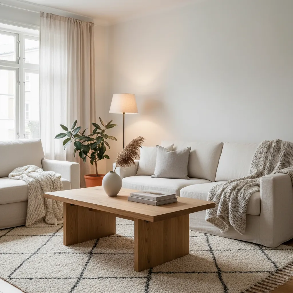 A bright and airy Scandinavian living room with a cream sofa and light oak wood textures.
