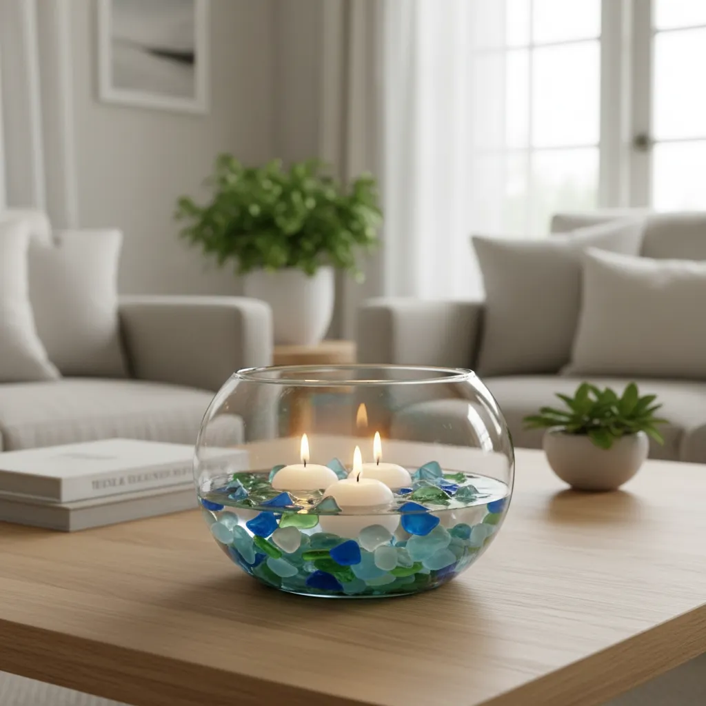 A glass bowl with water, sea glass, and lit floating candles on an oak table