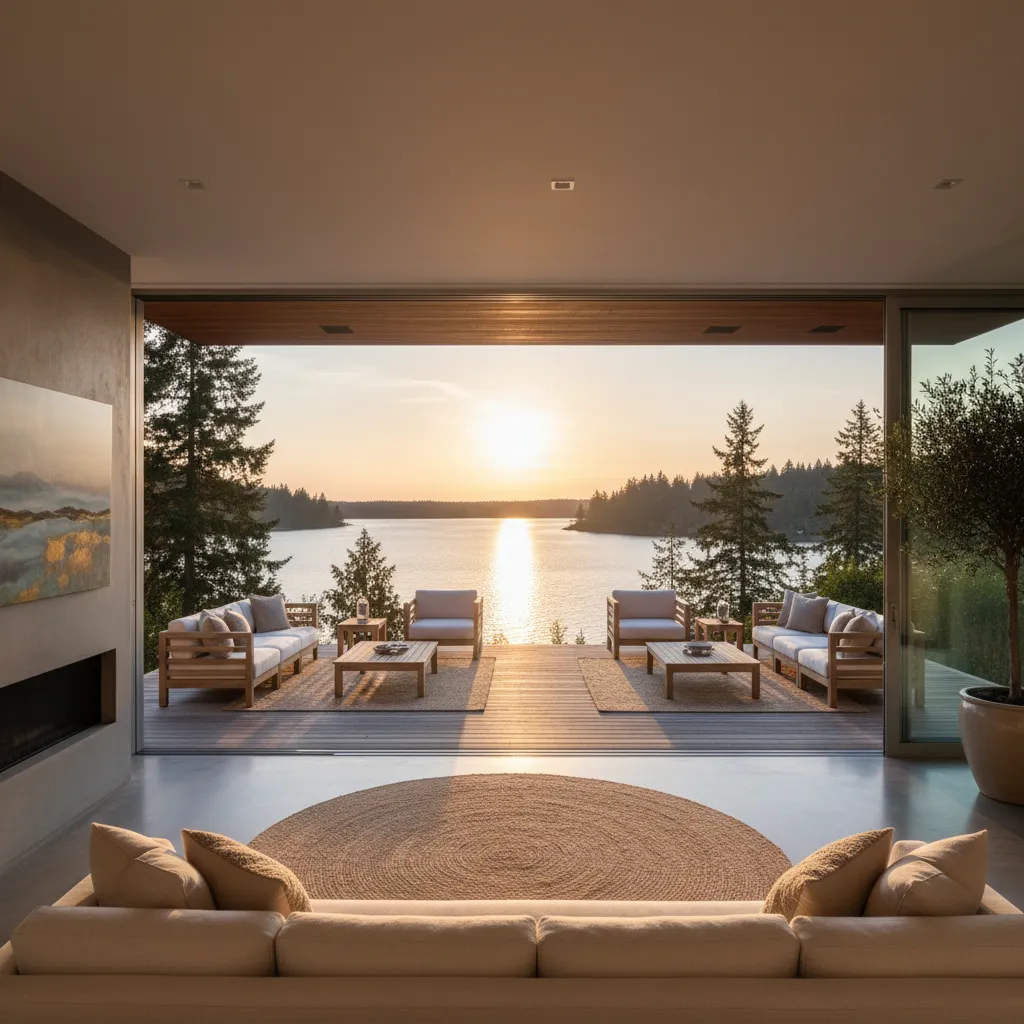 Modern lake house living room with open sliding glass walls connecting to a patio with lake views