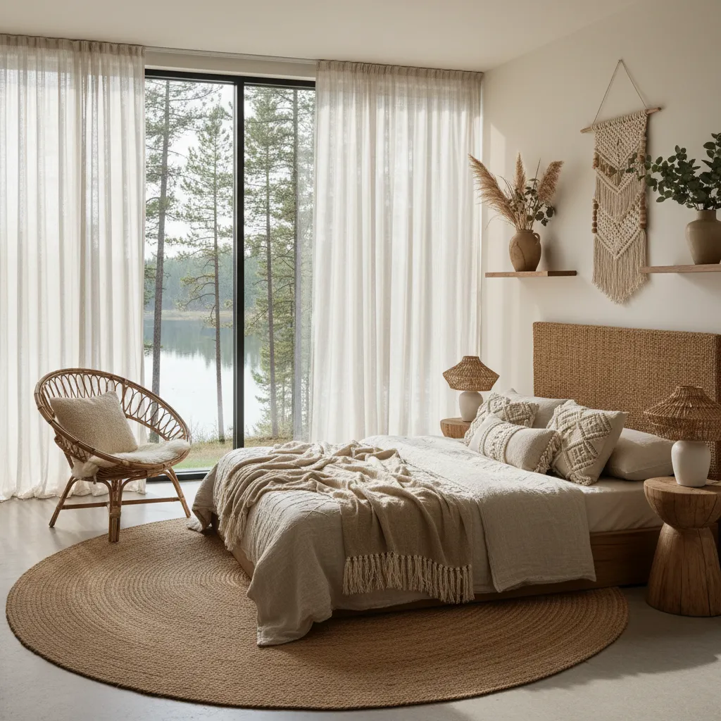 Sheer linen curtains allowing natural light into a lake house bedroom