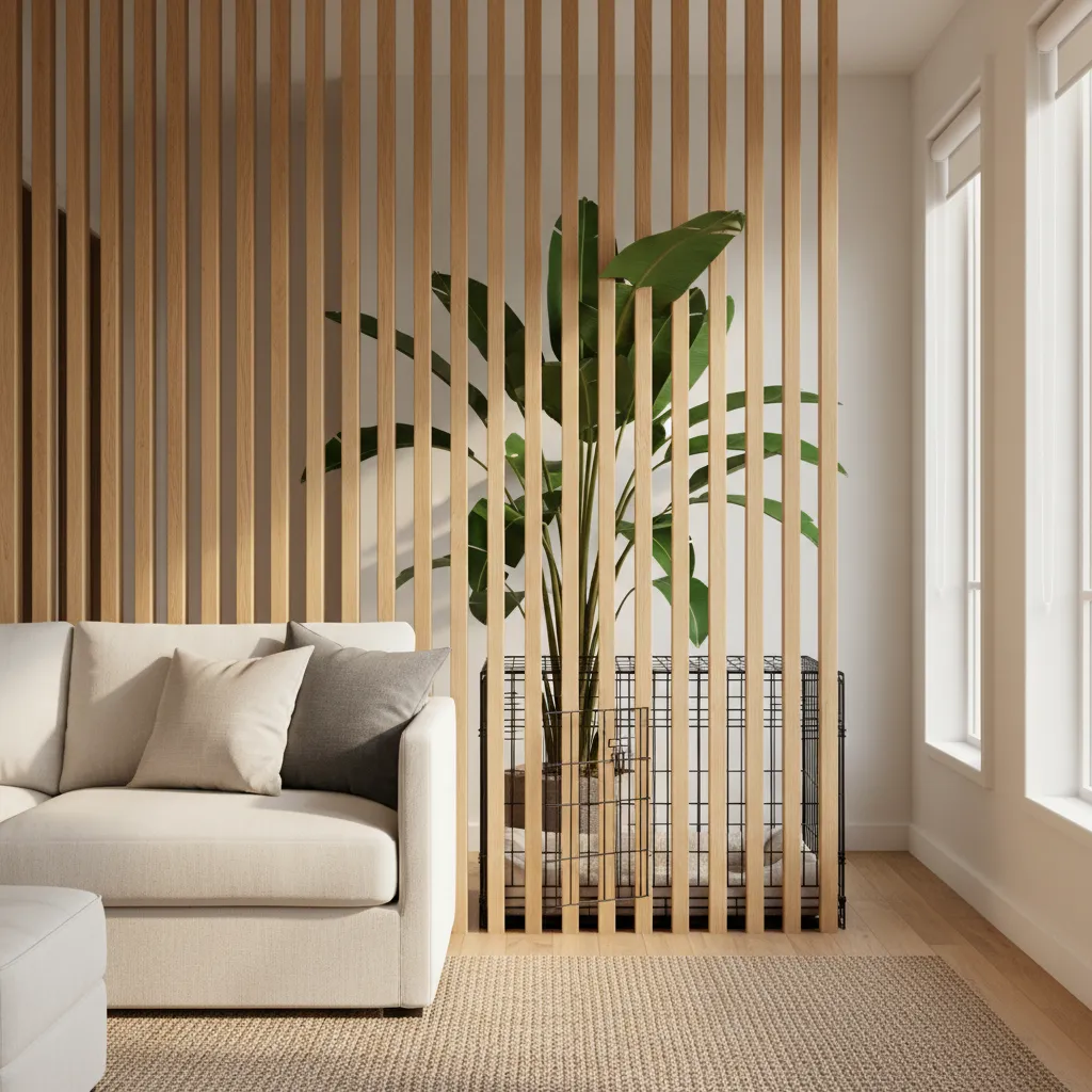 Slatted Oak Divider Hiding Crate A modern living room using a wooden room divider and large potted plant to hide a dog crate