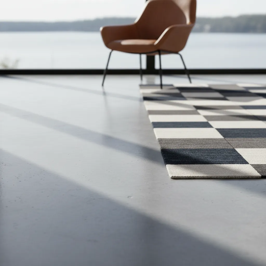 Gray polished concrete floor texture in a modern living room setting