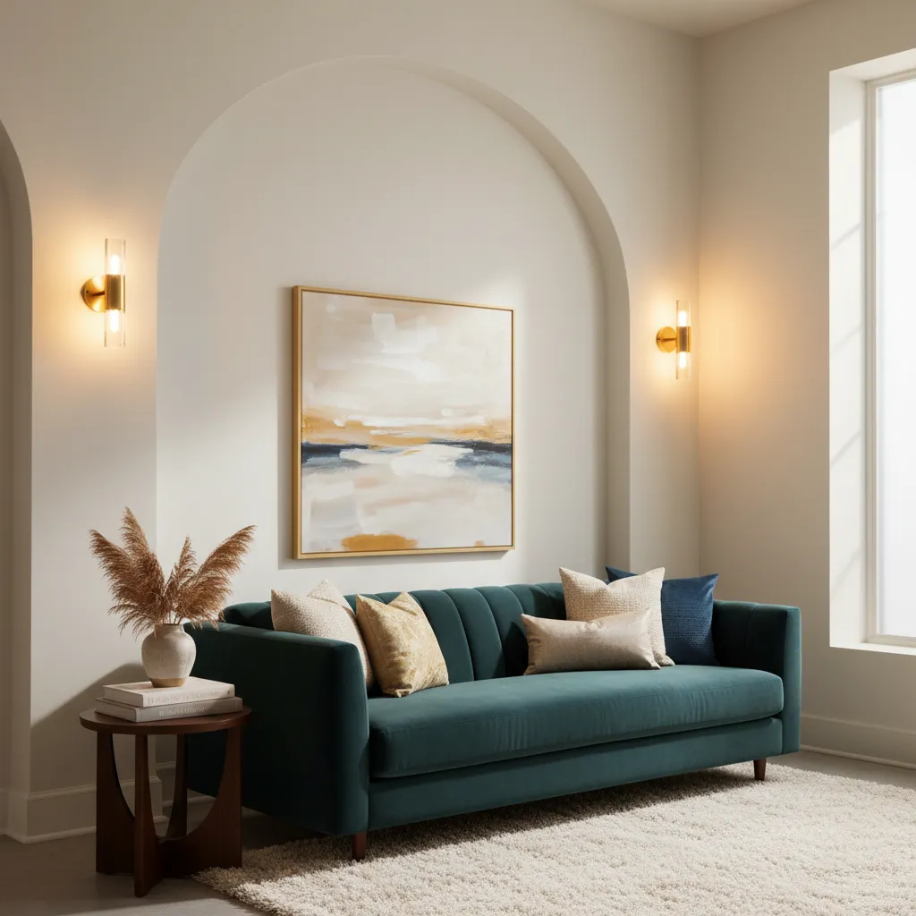 Cozy living room featuring soft white walls enhanced by 3000K warm LED ambient lighting