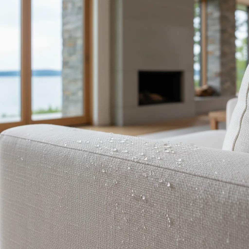 Close up texture of durable white solution-dyed acrylic upholstery fabric resisting water