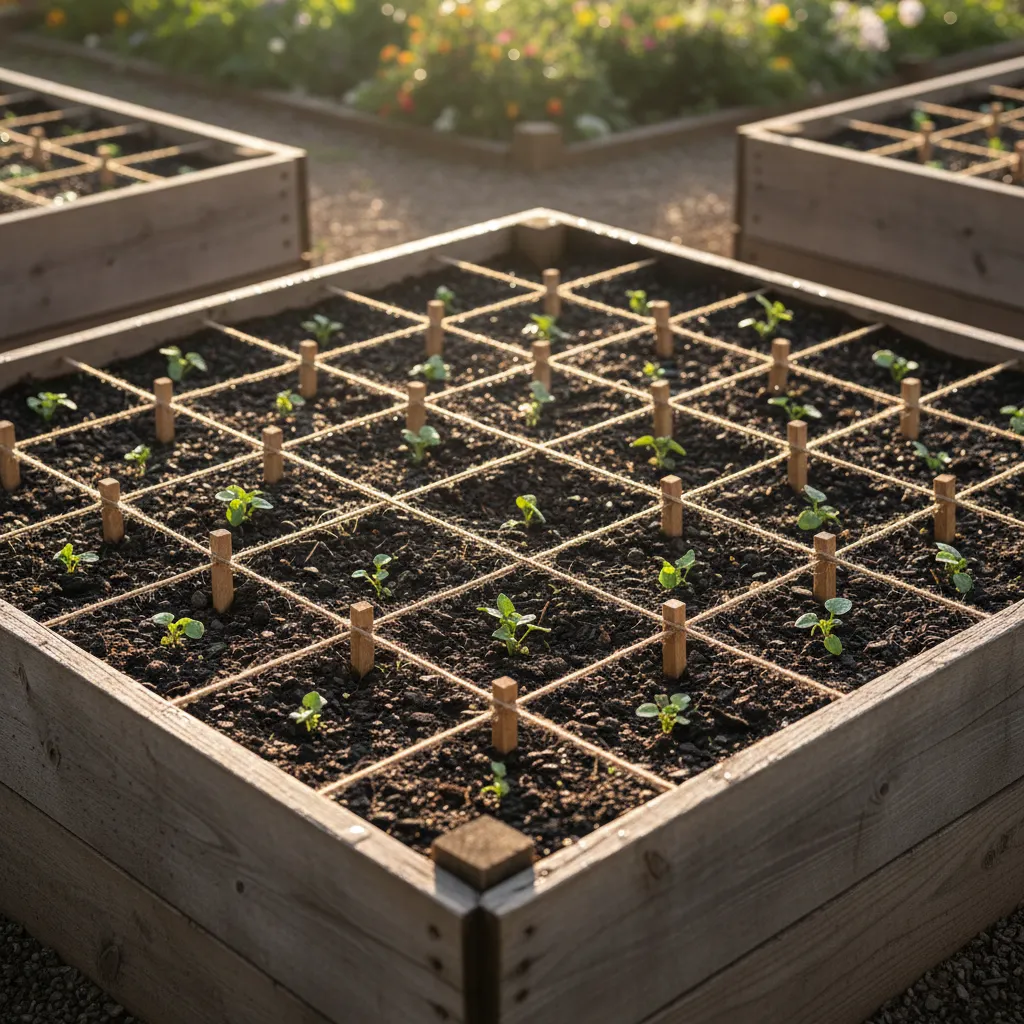 Cedar raised beds divided into square foot sections with twine for flower planting