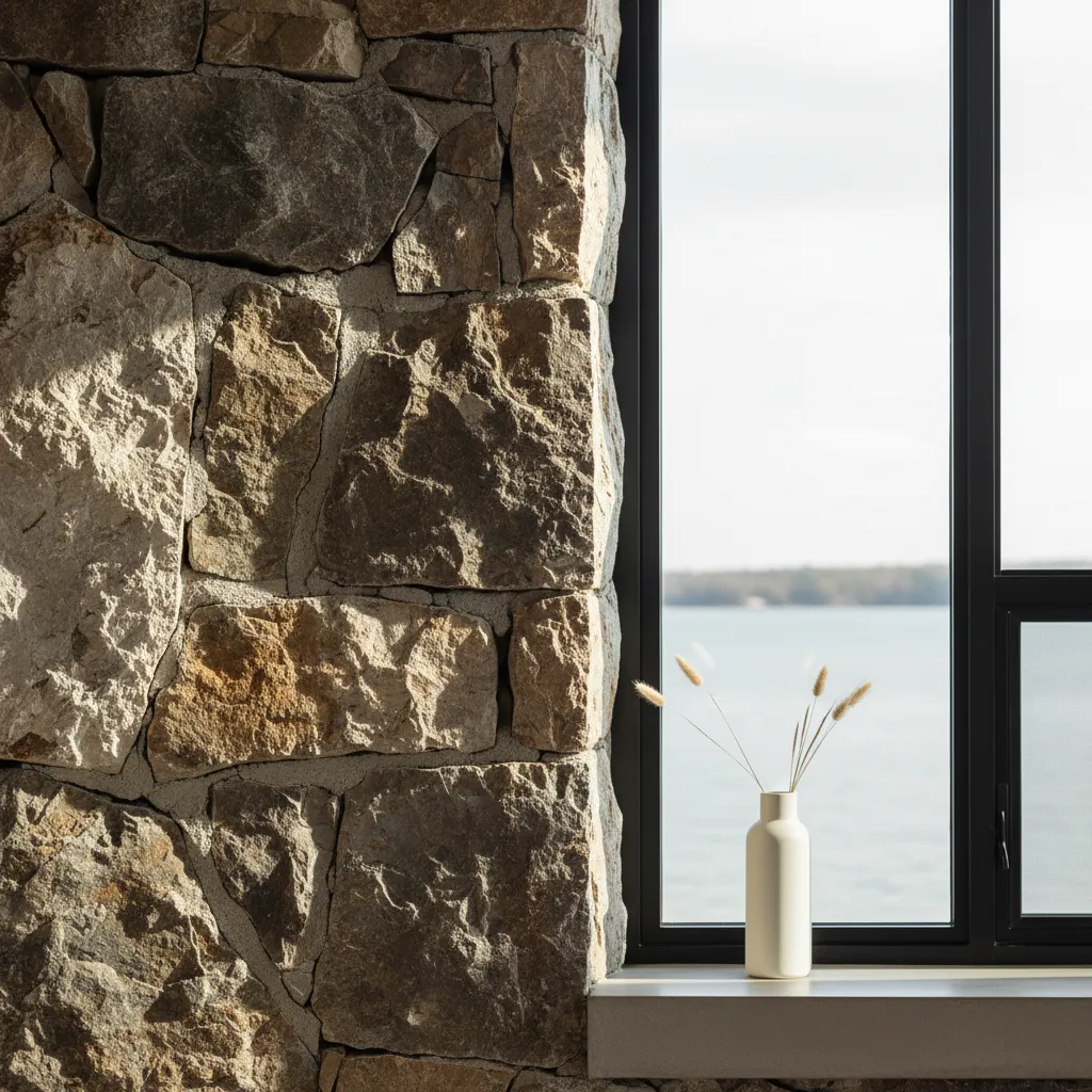 Close up texture detail of rough stone wall contrasted with modern black metal window frames
