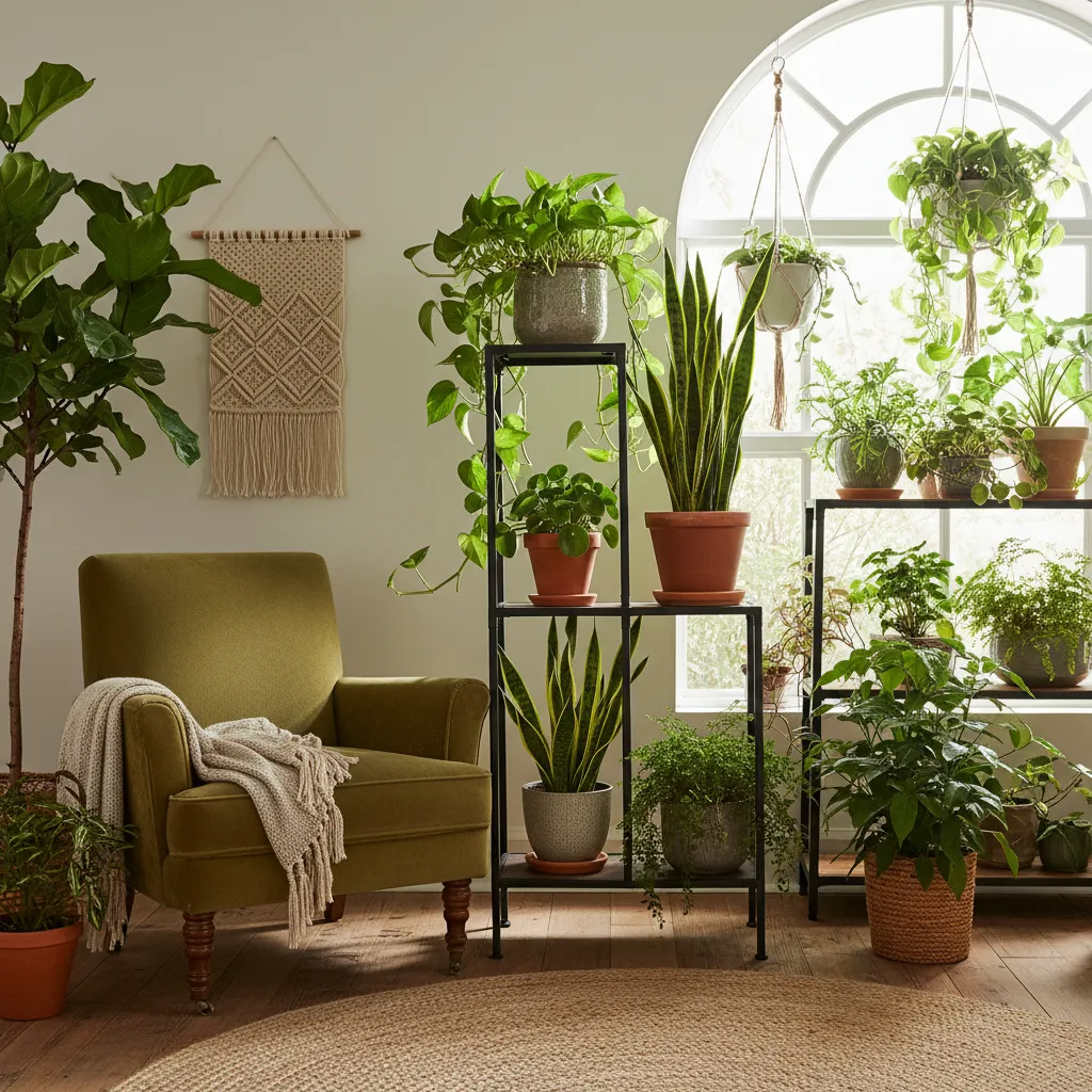 Three tier plant stand with various house plants in a reading corner