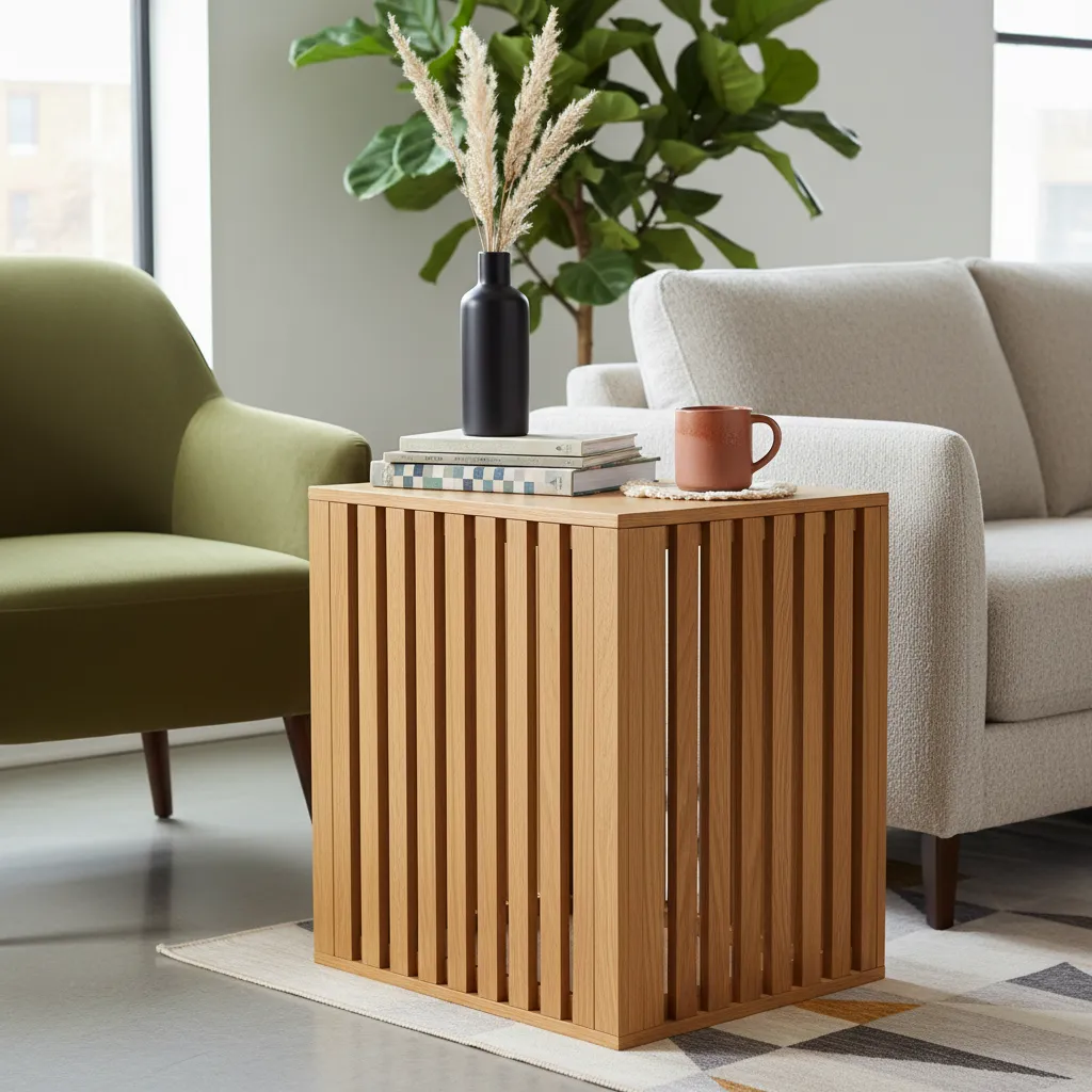 Styling a Wooden Slatted Dog Crate Decorated slatted wood dog crate functioning as a living room side table