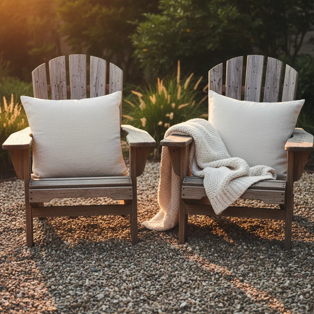 Rustic wooden chairs with cream linen pillows around a gravel fire pit area