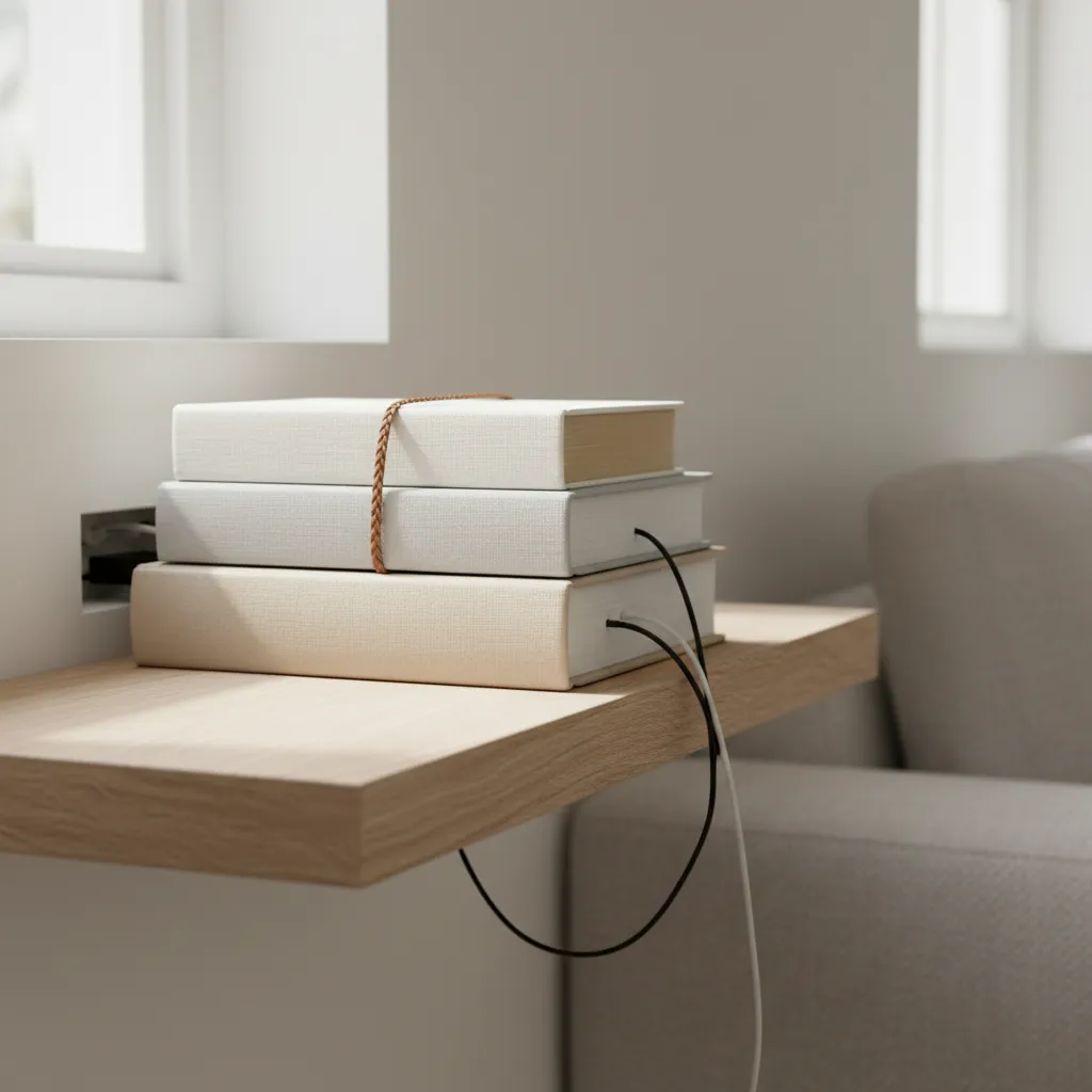 Close up of decorative faux books used to conceal technology on a shelf