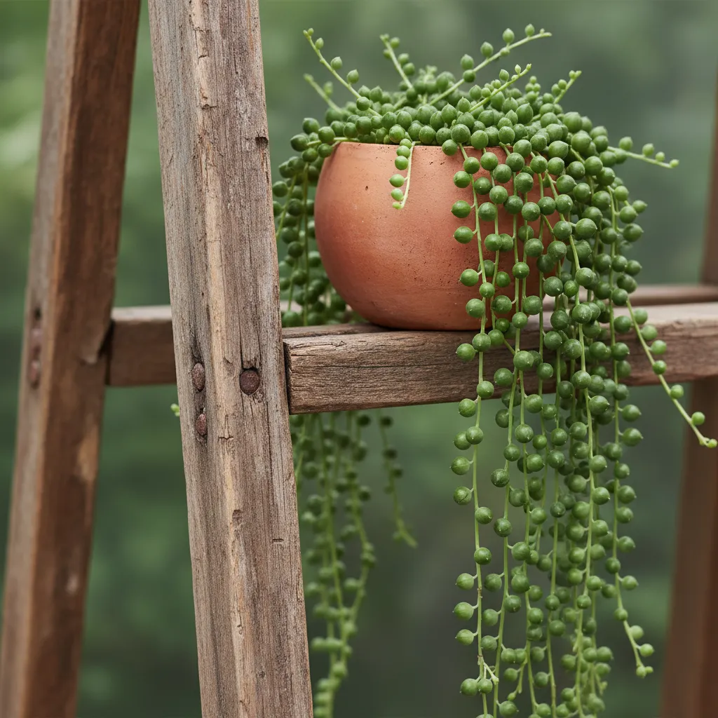 Detail shot of trailing plants on a rustic wooden ladder shelf against a green wall