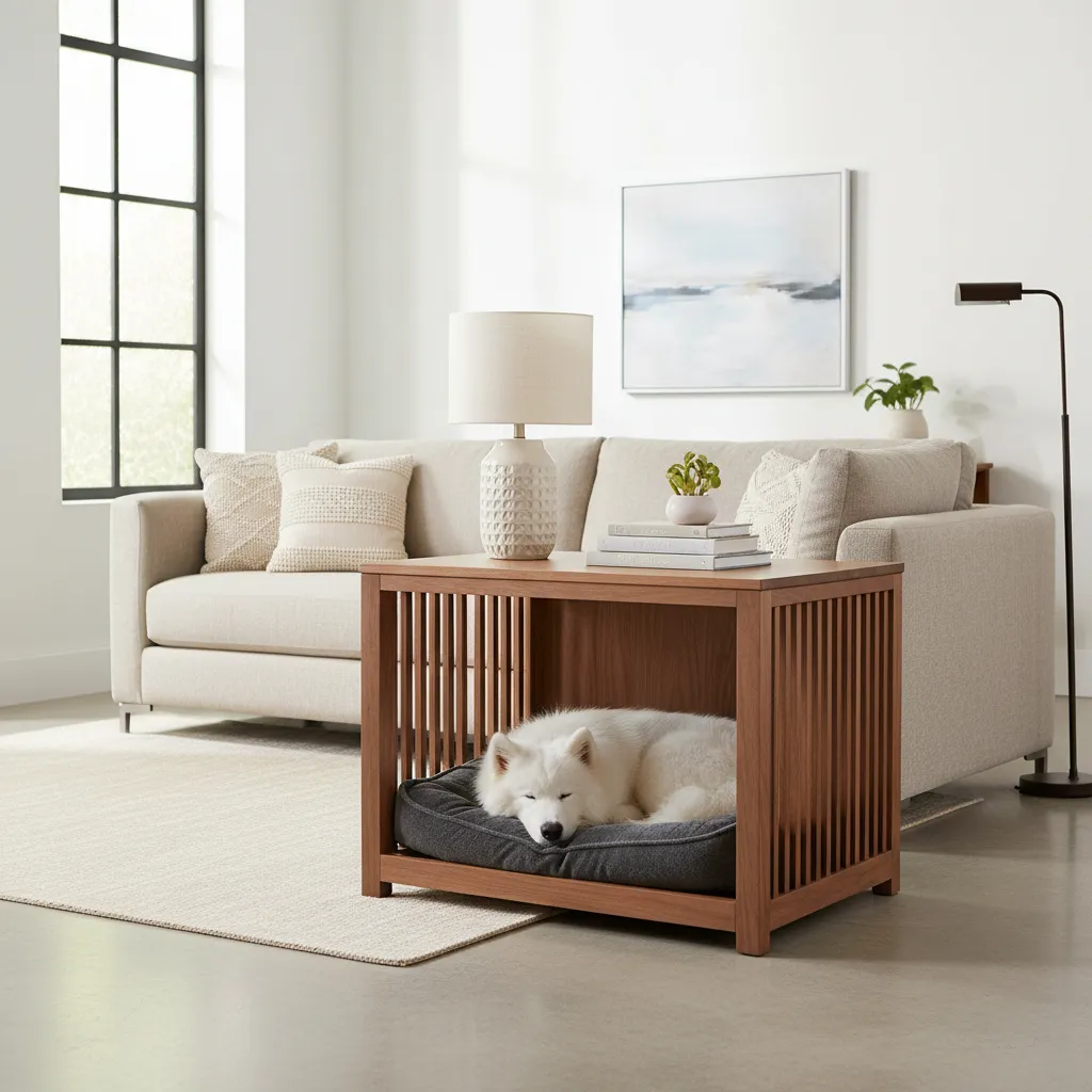 A modern walnut furniture dog crate serving as an end table next to a sofa in a bright living room.