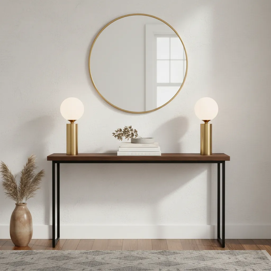 Small dark wood entryway table styled symmetrically with matching lamps