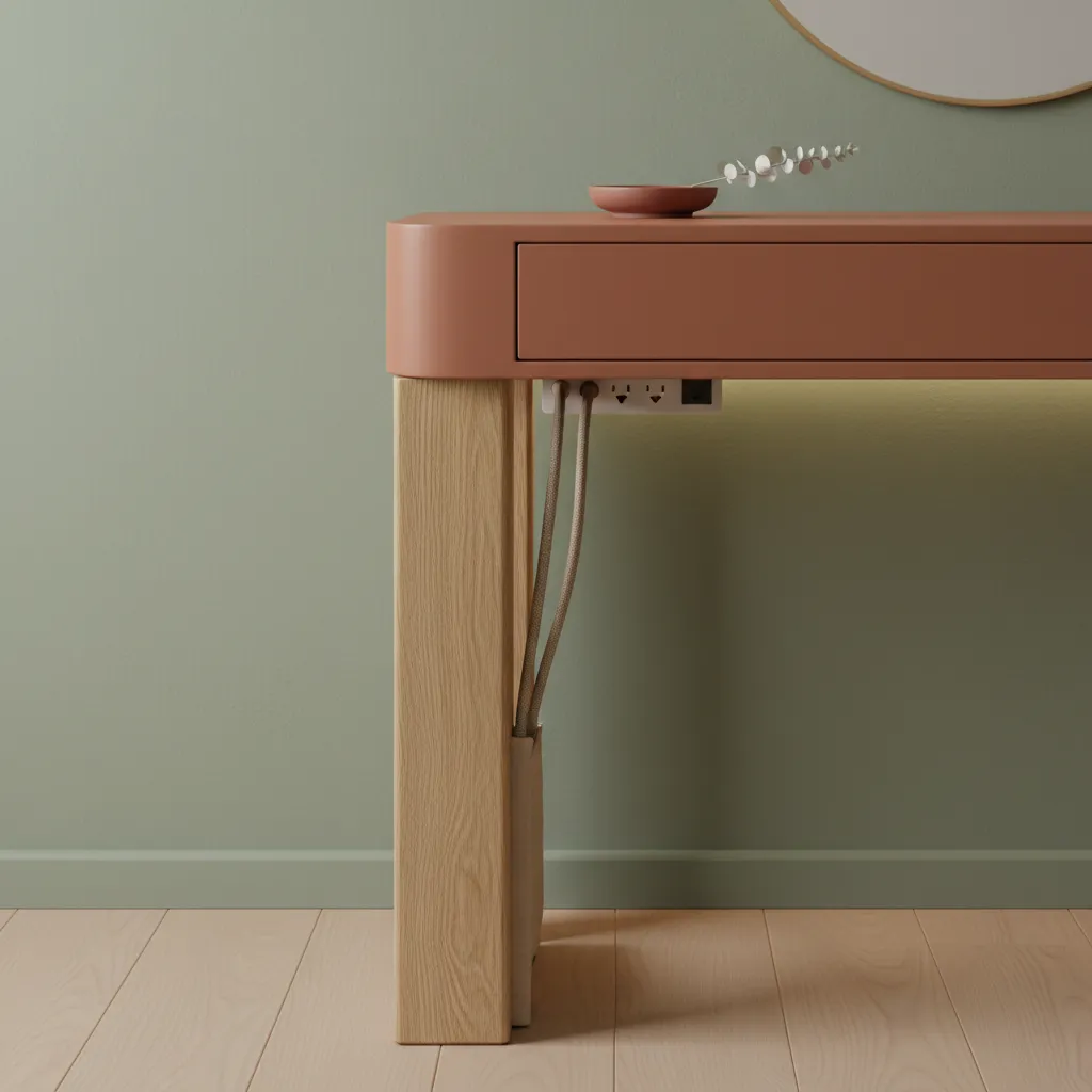 Terracotta Bedroom Vanity Cable Management Clean terracotta vanity desk with hidden cables against a sage green wall