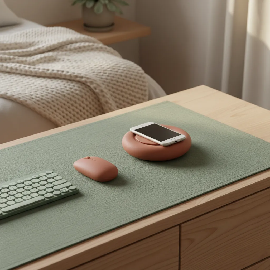 Terracotta Wireless Charging Pad Decor Sage green desk mat with a terracotta wireless charger on a wooden dresser