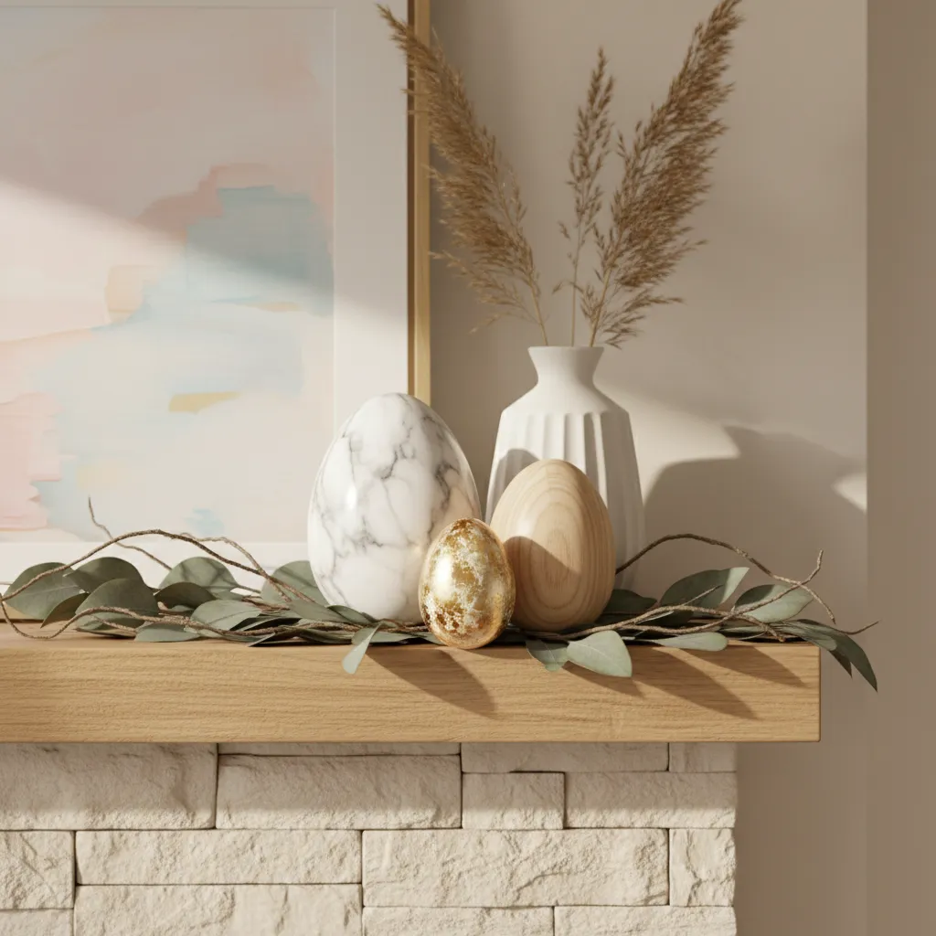 Textured Easter Egg Mantle Trio Marble wood and gold eggs on eucalyptus leaves
