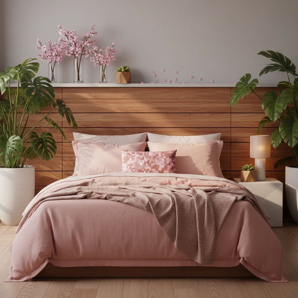 Close-up of pink linen and cherry wood interior textures