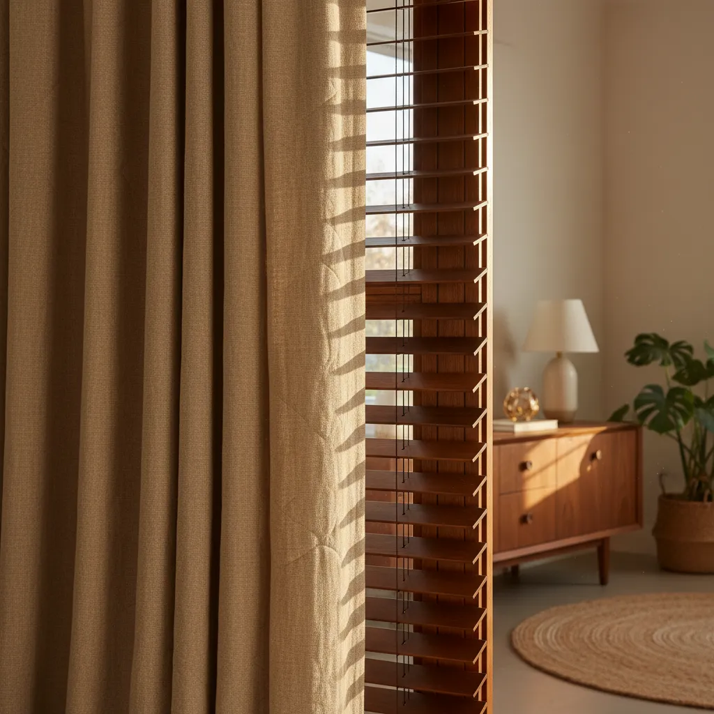 Thermal Curtains And Blinds Close Up Close up of insulated linen curtains and wooden blinds