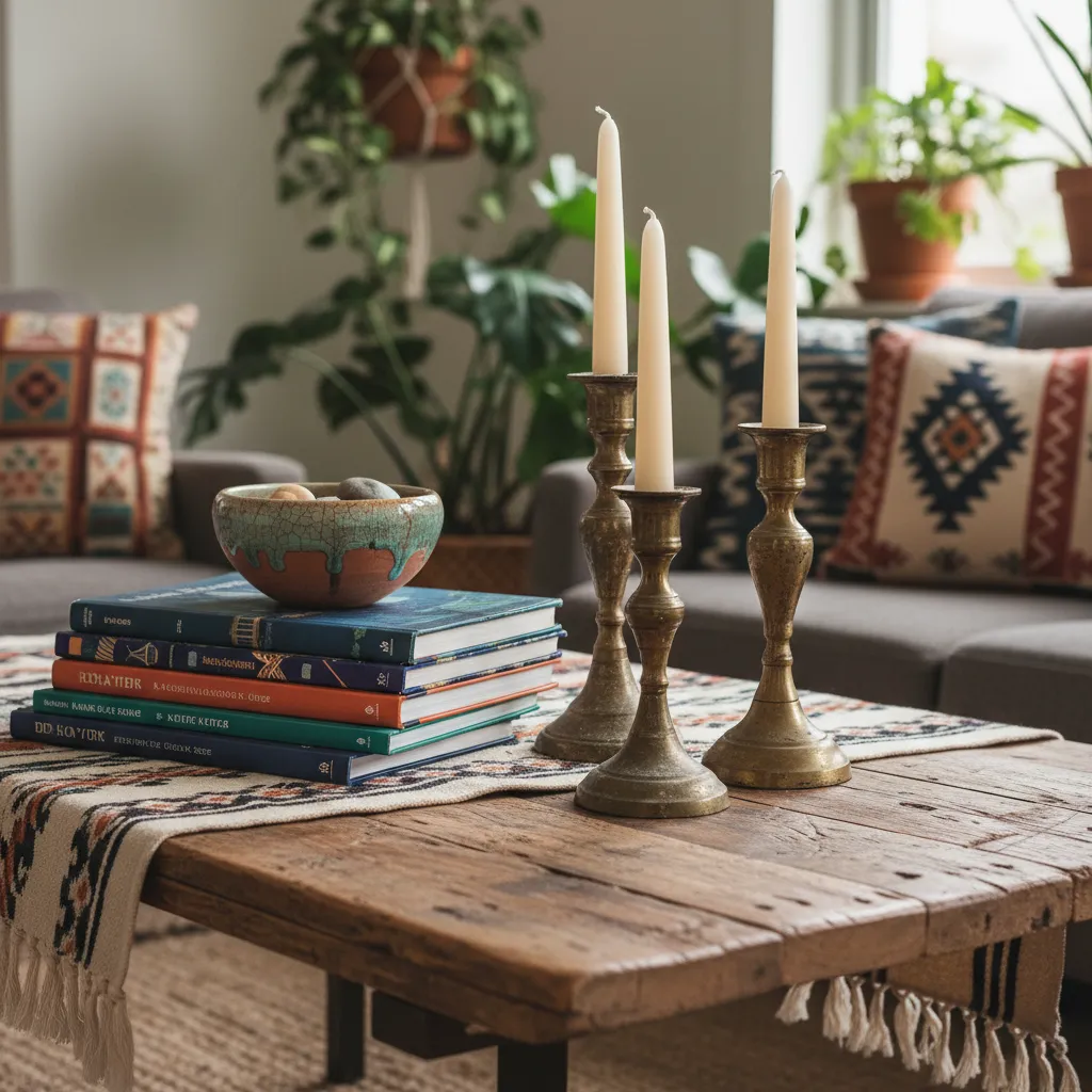Budget friendly global decor elements on a reclaimed wood table