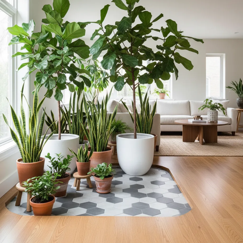 Hexagonal tile plant zone transitioning to wood flooring in living room