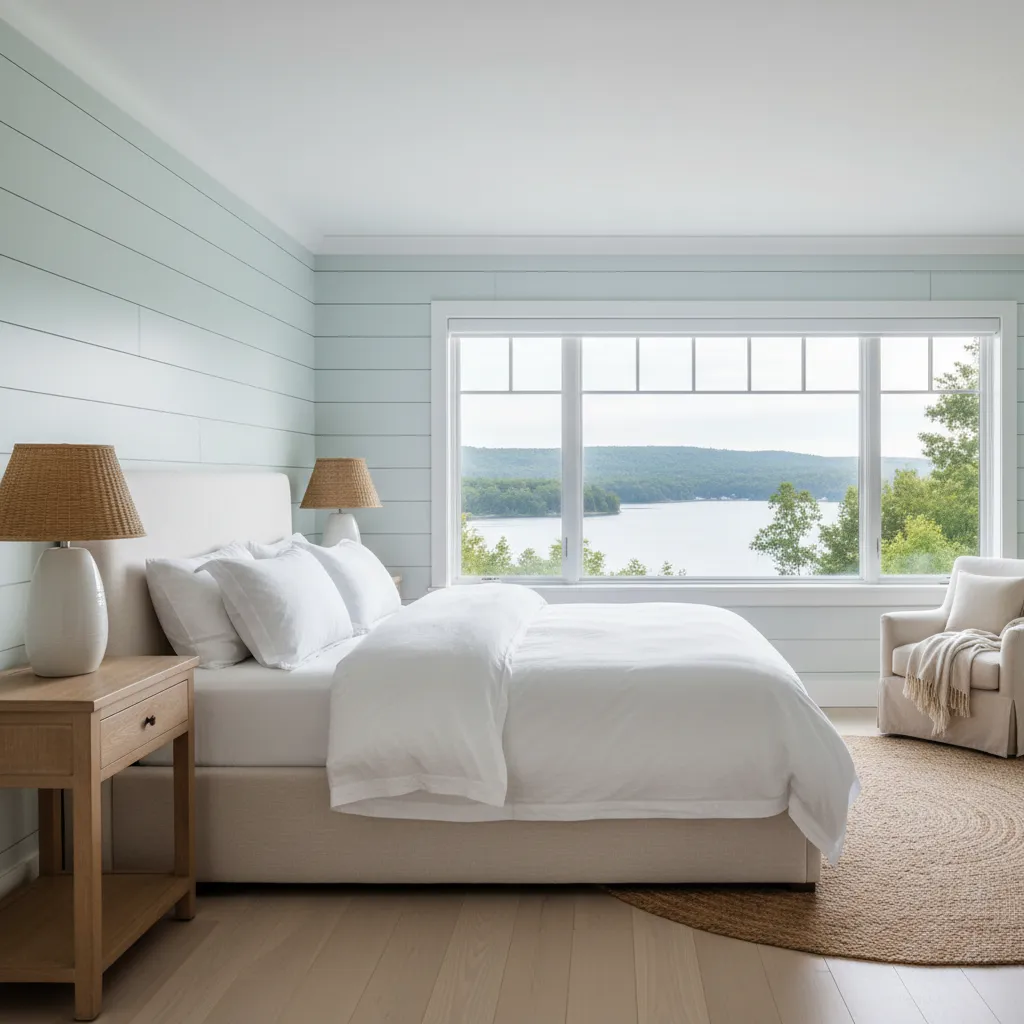 Bedroom with Sherwin Williams Sea Salt shiplap walls and coastal decor