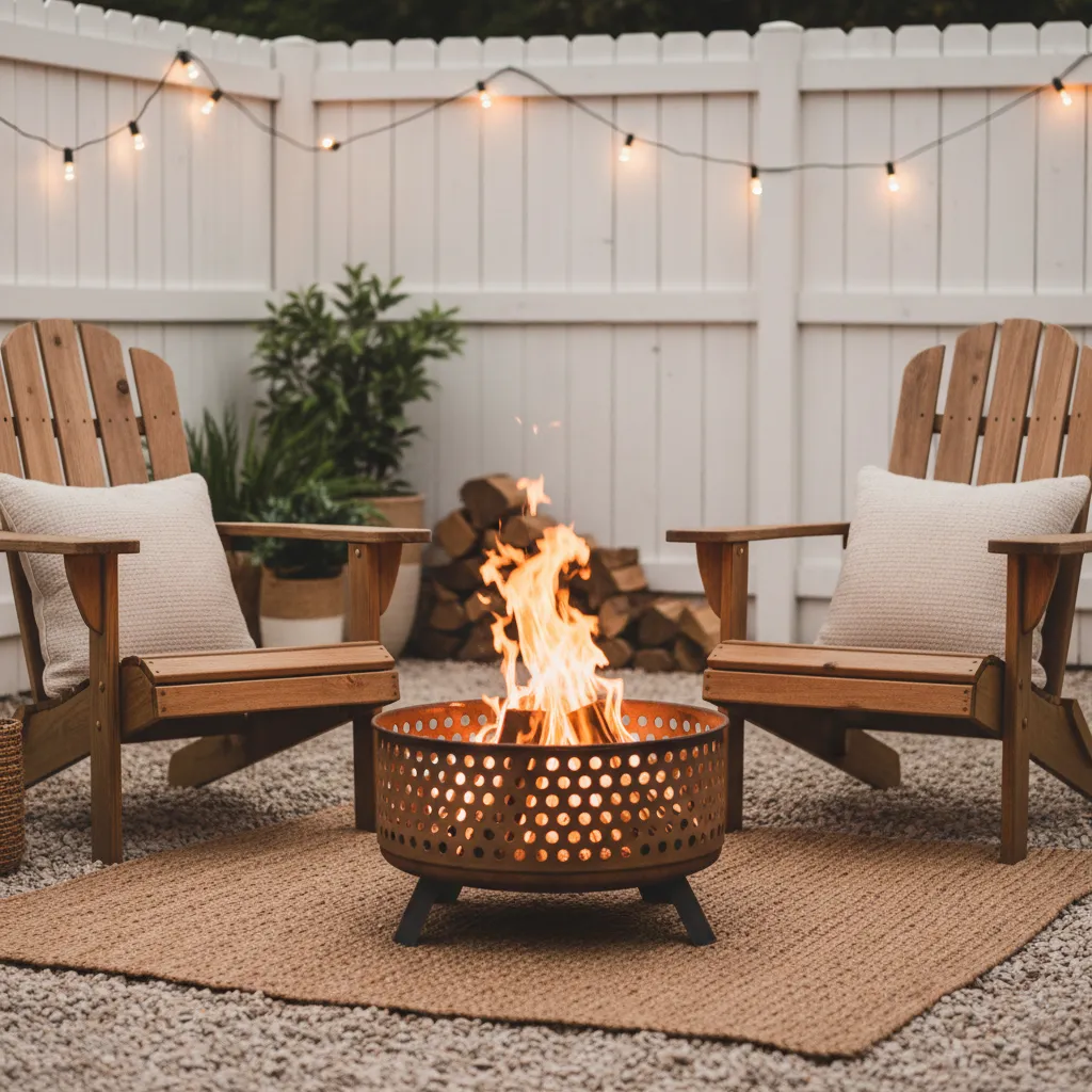 A rustic upcycled washing machine drum fire pit glowing warmly in a backyard