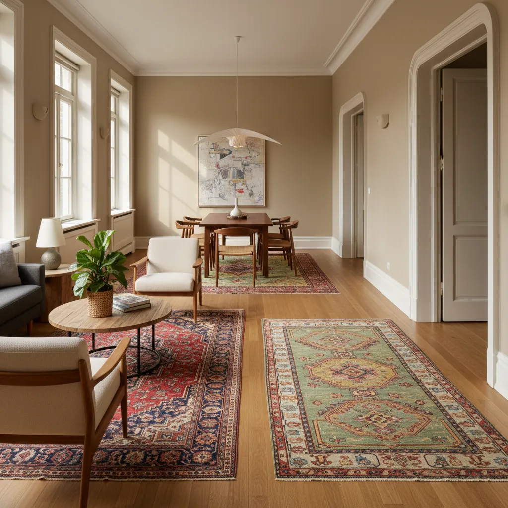 Using Rugs To Divide Room Two vintage Persian rugs defining separate spaces in a long narrow room