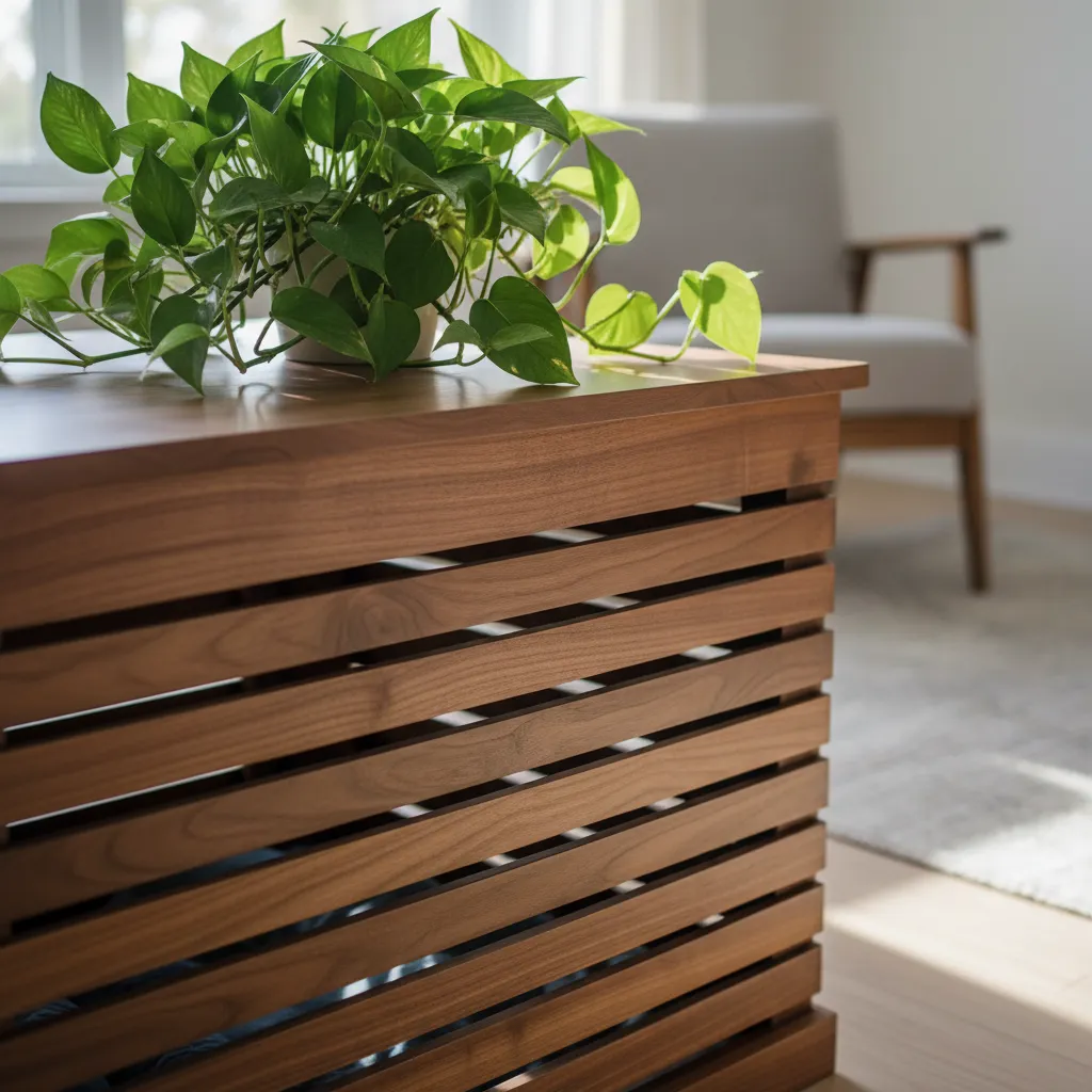 Ventilated Wood Dog Crate Cover Detail Close up of horizontal walnut wood slats on a dog crate cover allowing natural light