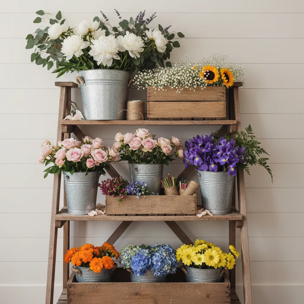 Vertical wooden shelf display for a flower bar with tiered levels