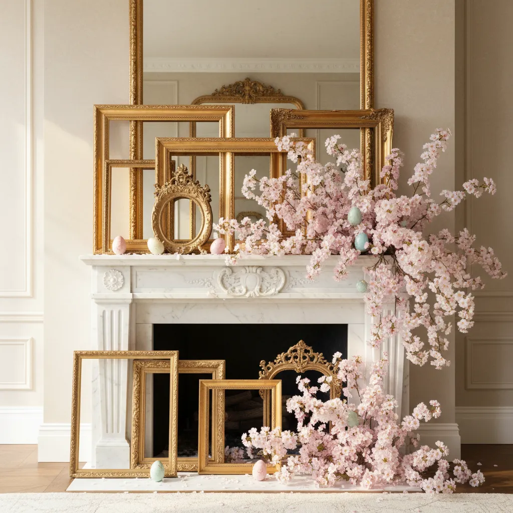 Vintage Easter Mantel with Cherry Blossoms Sophisticated Easter mantel with vintage gold frames and cherry blossom branches