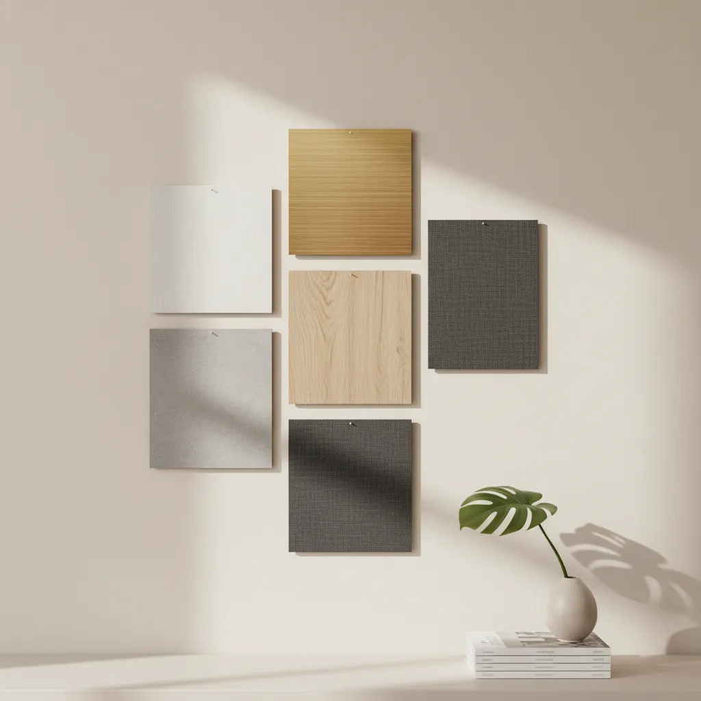 Vinyl Wrap Texture Options for AC Units Samples of matte and wood grain vinyl wrap for camouflaging home appliances