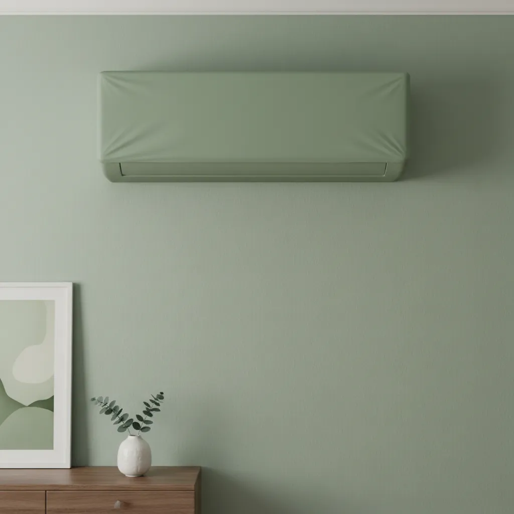 Vinyl Wrapped Split AC Unit Camouflage A split AC unit wrapped in matte green vinyl matching the wall color in a modern room