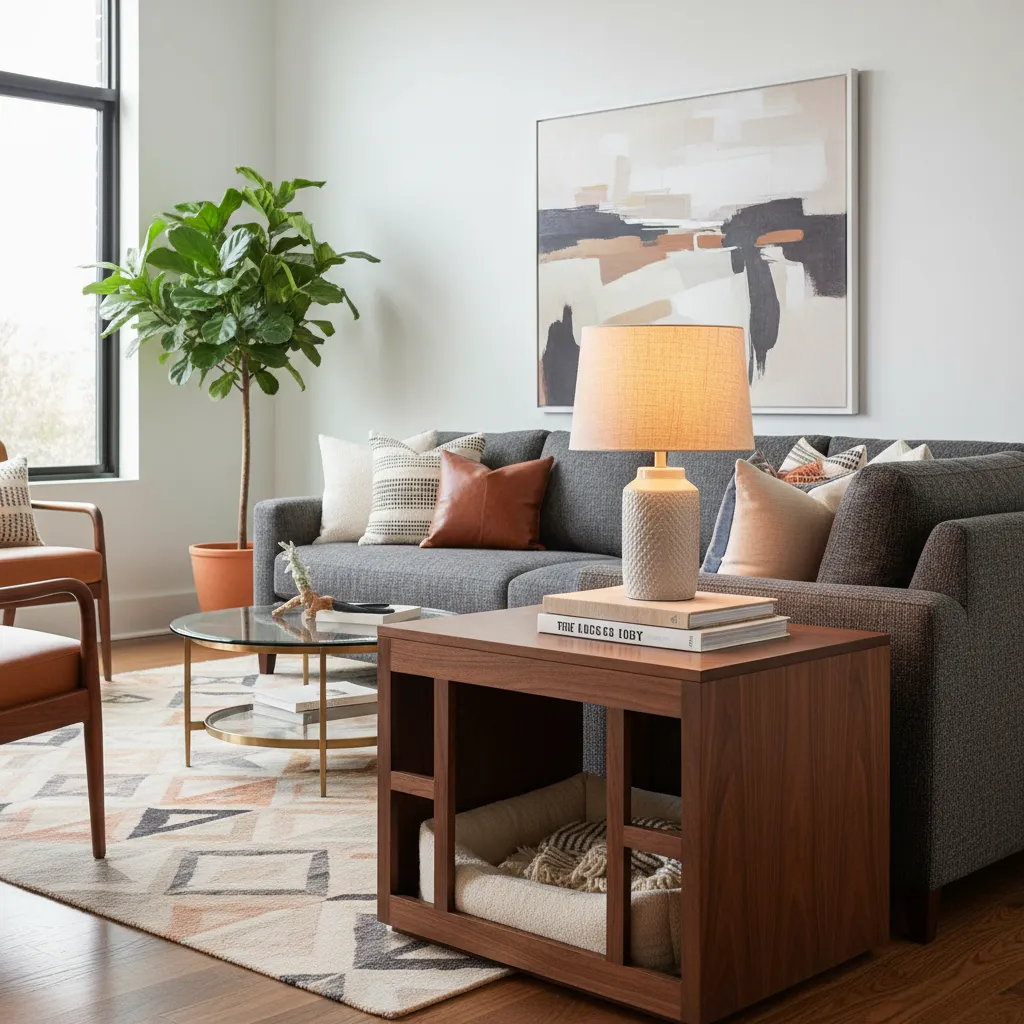 Walnut Dog Crate Side Table A sleek walnut wood dog crate styled as a modern side table in a cozy living room