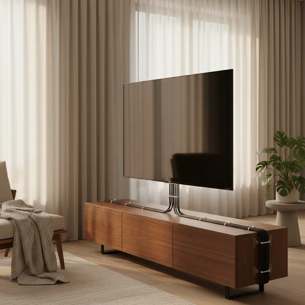 Minimalist walnut media console in a bright living room with no visible wires