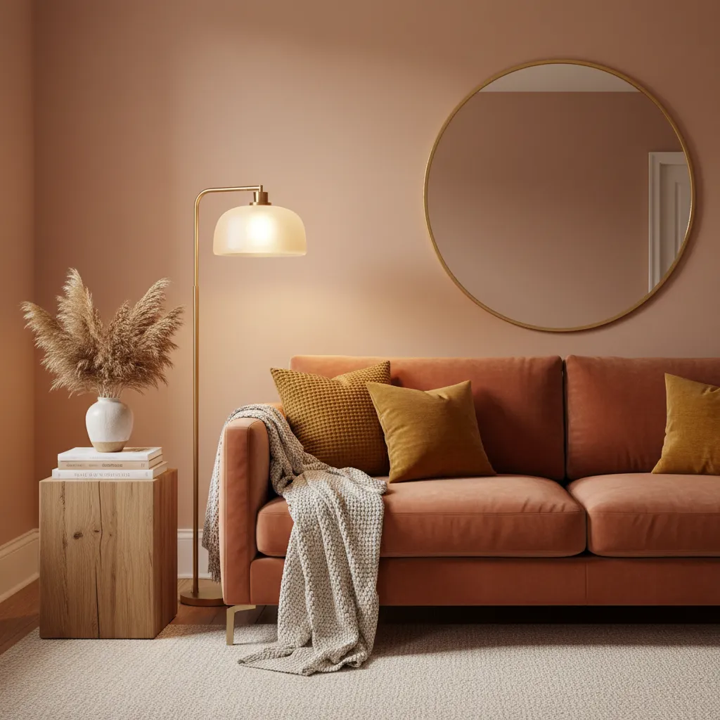 Cozy living room corner painted in soft warm blush with velvet sofa and brass lighting