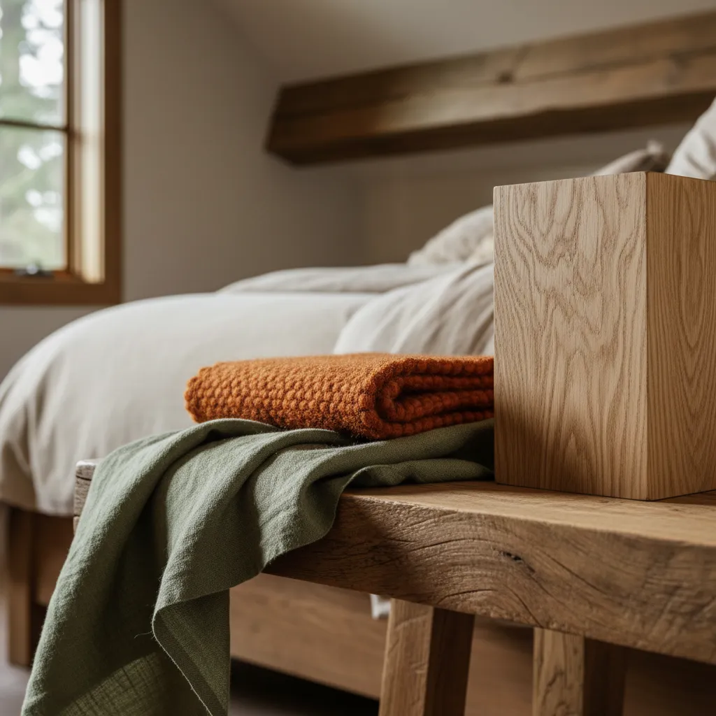 Bedroom color scheme featuring olive green, terracotta, and natural wood textures