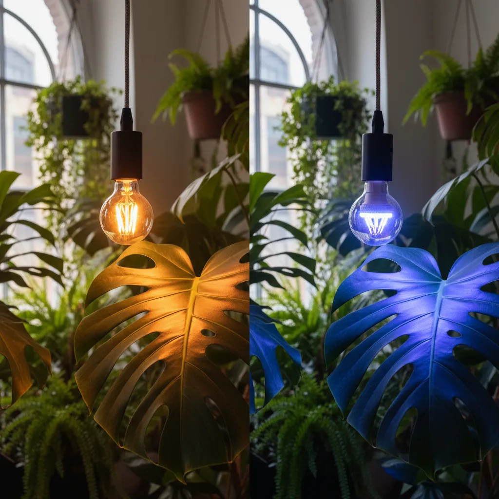 Comparison of warm white 3000K and cool white 6000K grow lights on plant leaves