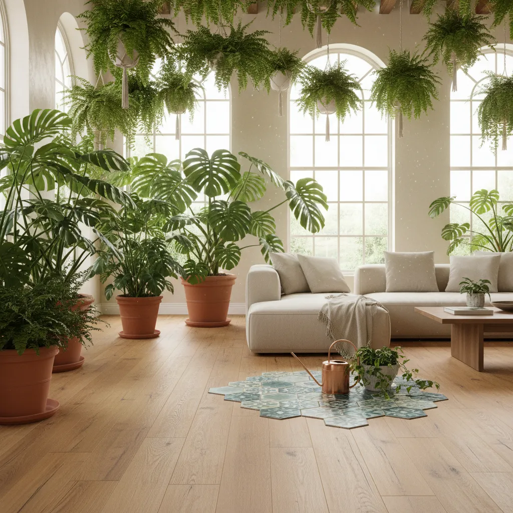Sunlit living room with waterproof vinyl plank flooring and lush indoor plants
