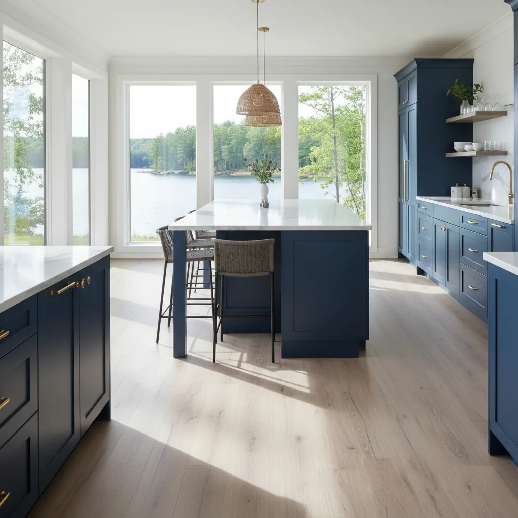 Waterproof luxury vinyl plank flooring with wood grain texture in a kitchen