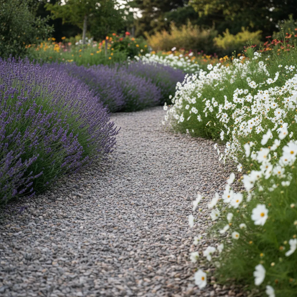 Curving crushed stone garden pathway bordered by blooming lavender, demonstrating perfect spatial flow