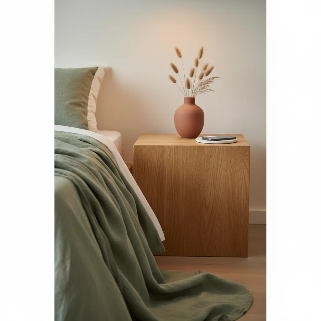 Wireless Chargers On Terracotta Nightstand Minimalist sage green bedroom featuring wireless tech and terracotta decor