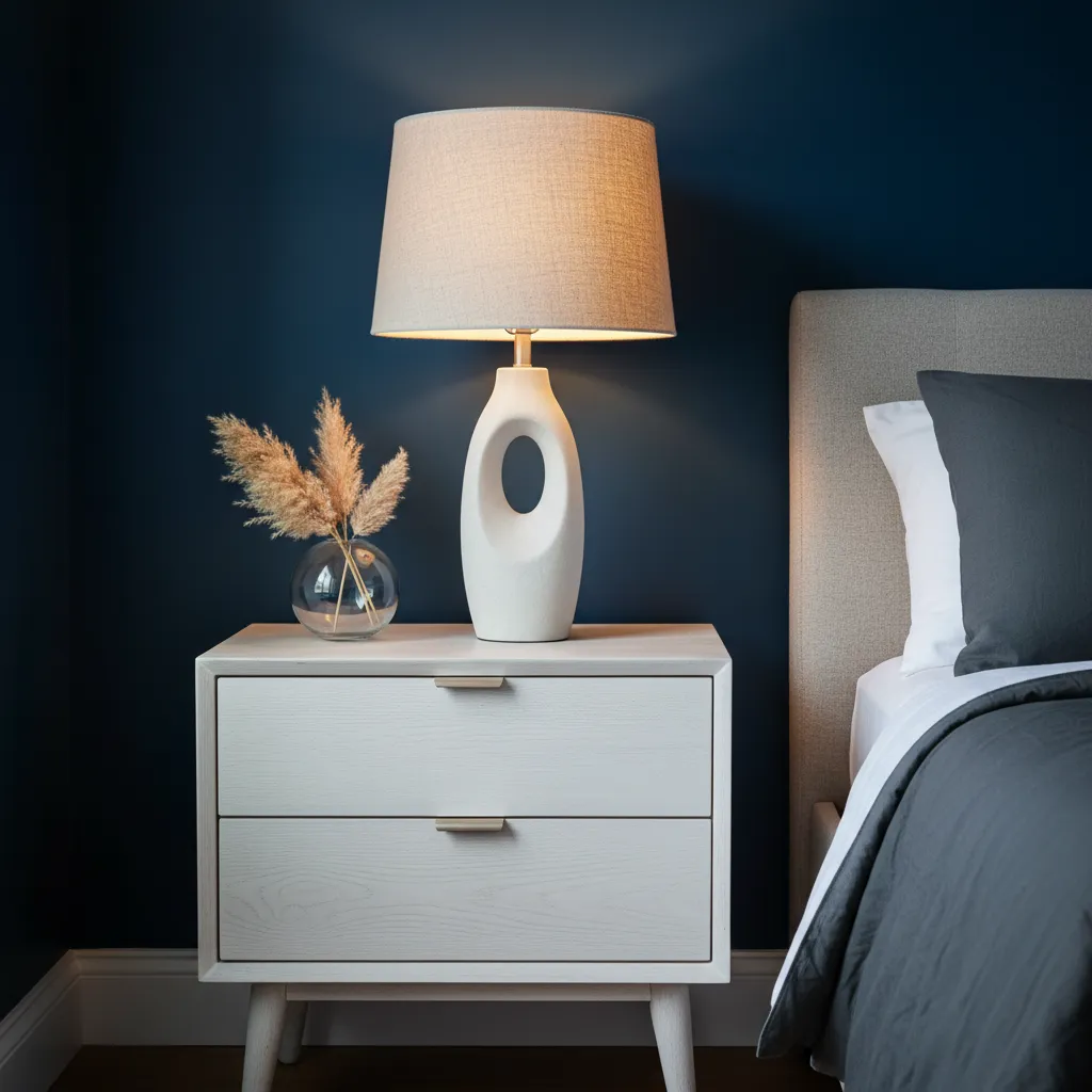 White oak nightstand and linen lamp shade against Hale Navy wall