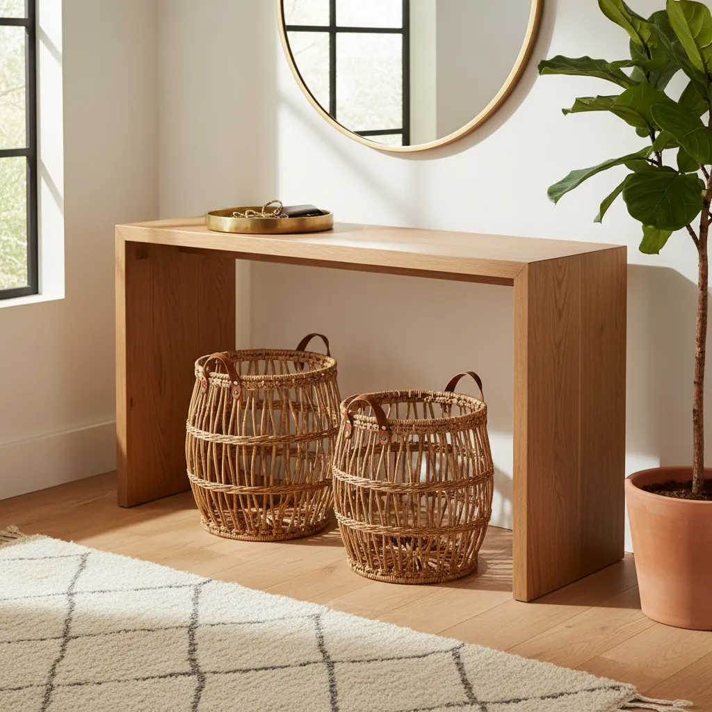 An oak entryway console table styled with a brass catch-all tray and woven rattan baskets underneath.