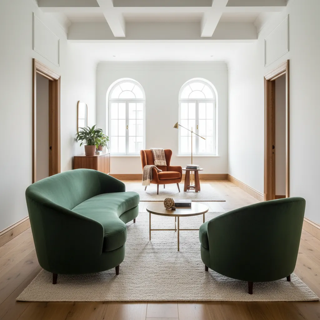 Zoned Long Living Room Arrangement Long narrow living room divided into distinct functional zones with velvet seating