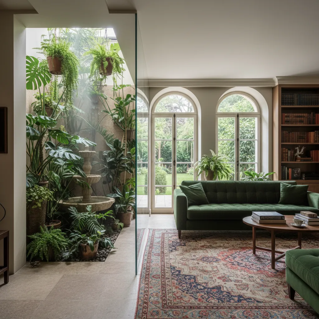 Living room layout with separate plant zone and seating area