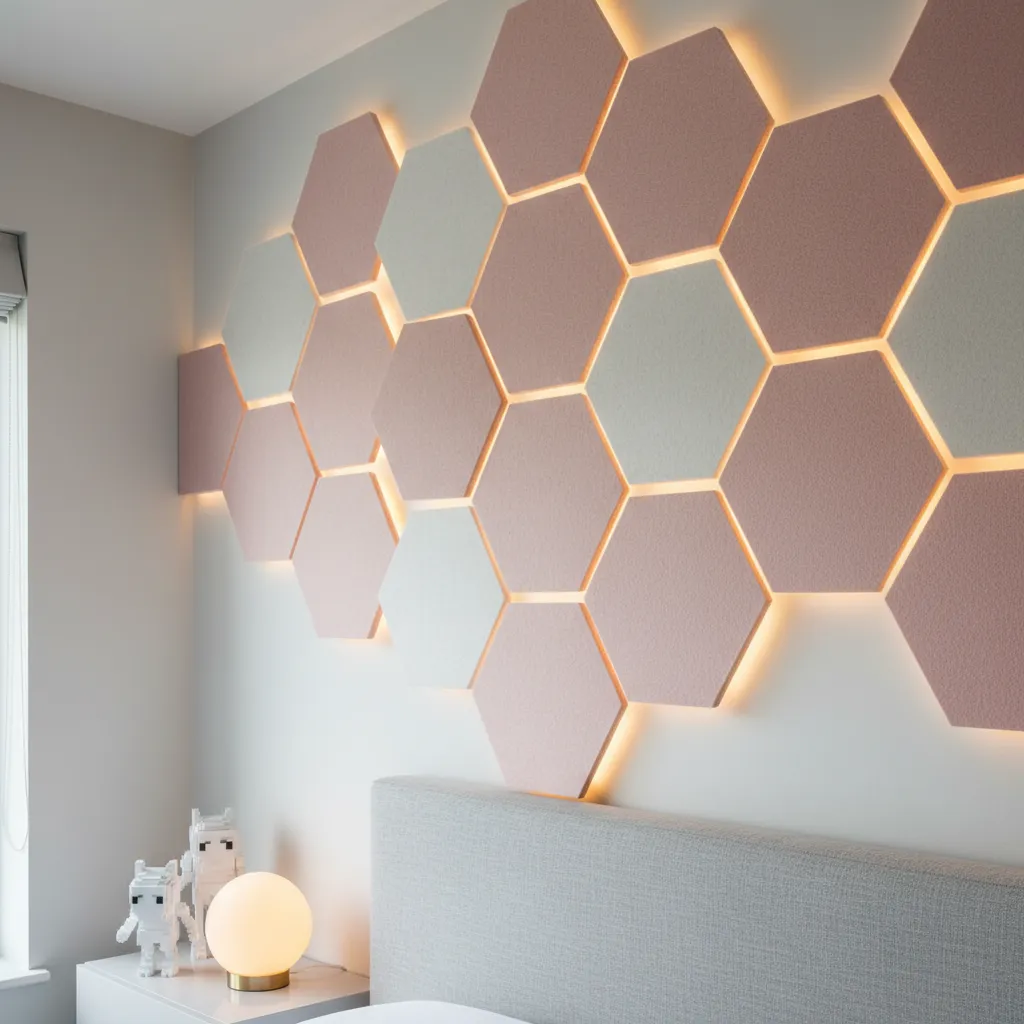 Cozy gamer bedroom wall with hexagonal felt panels and golden neon lighting.
